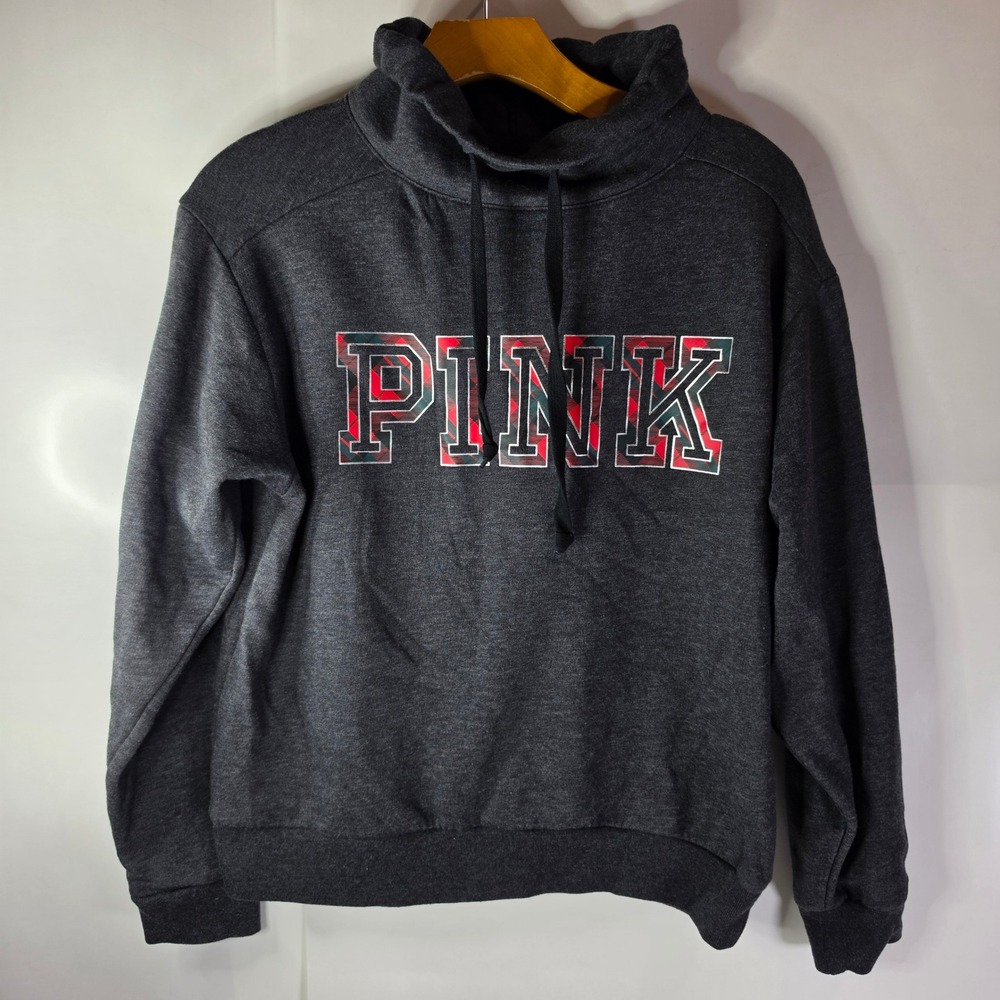 PINK Victoria's Secret Cowl‎ Neck Sweatshirt S Gray Plaid Foil Logo Pullover